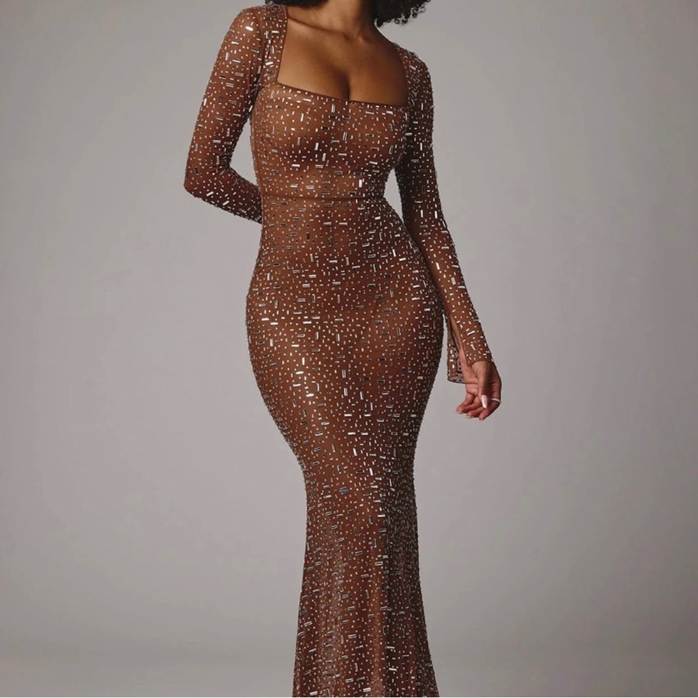 Sheer Embellished Long Sleeve Evening Gown in Mocha